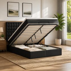 Black Faux Leather Queen Ottoman Bed with Pocket Spring Mattress