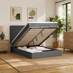 Ottoman Bed Double in Grey Fabric with Pocket Spring Mattress