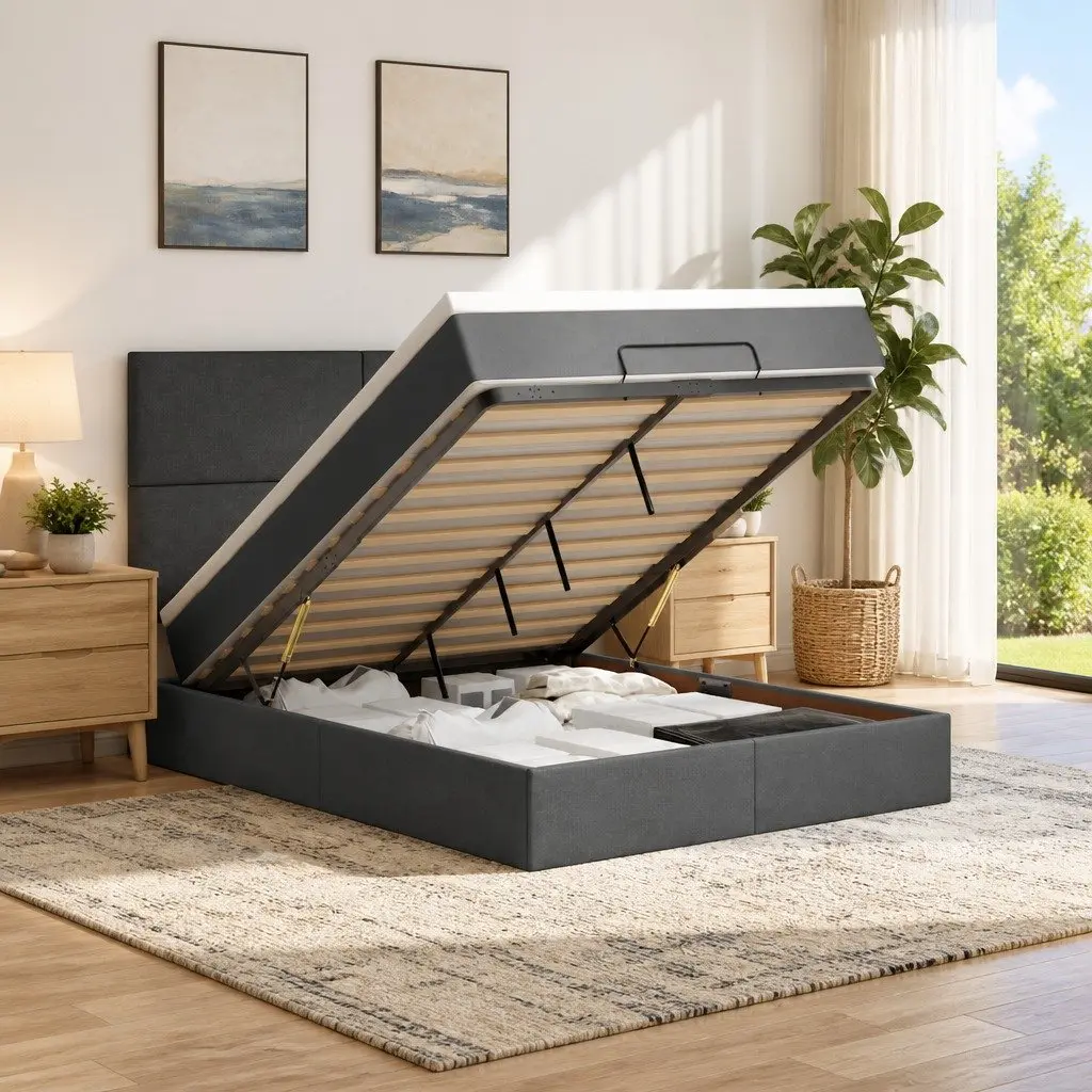 Ottoman Bed with Pocket Spring Mattress Storage Grey Queen