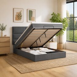Functional Ottoman Bed with Hydraulic Storage and LED Lighting