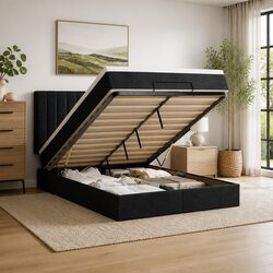 Queen Ottoman Bed with Pocket Spring Mattress and LED Lights