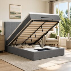 Grey Fabric King Single Ottoman Bed with Pocket Spring Mattress