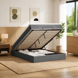 Double Ottoman Bed in Grey Fabric with Pocket Spring Mattress