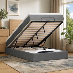 King Single Ottoman Bed with Pocket Spring Mattress in Grey