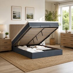 Grey Velvet Ottoman Bed with Hydraulic Storage, Queen Size