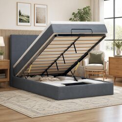 King Single Ottoman Bed in Grey Velvet with Pocket Springs