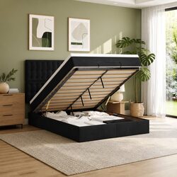 Queen Ottoman Bed with Hydraulic Lift Storage and LED Lights