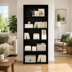 5-Compartment Black Engineered Wood Book Cabinet