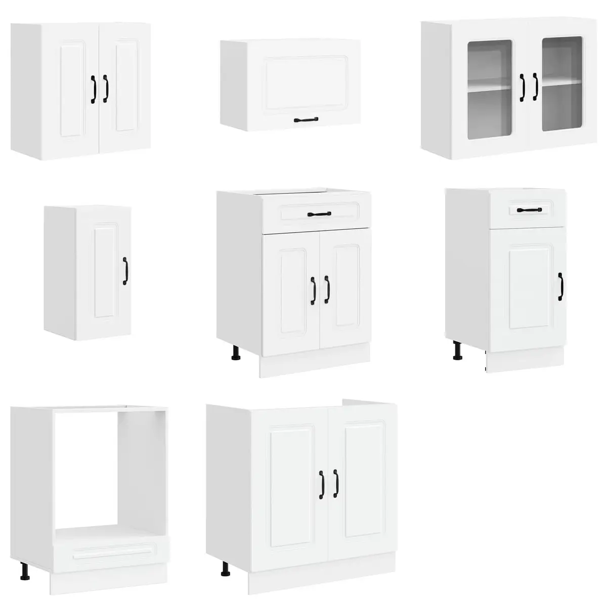 8 Piece White Engineered Wood Kitchen Cabinets Set with Adjustable Feet and Storage Compartments
