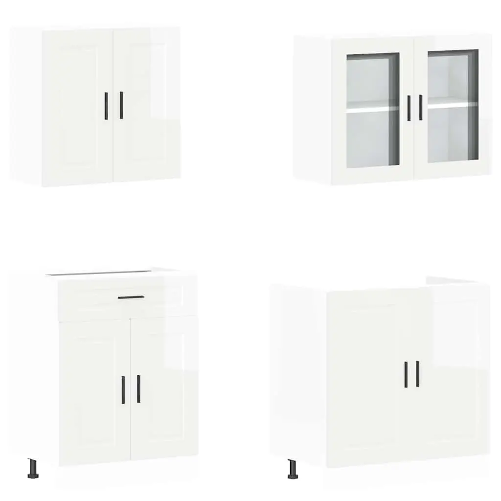 4 Piece Kitchen Cabinet Set White High Gloss Engineered Wood Storage Cupboard