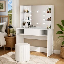White MDF Makeup Table with LED Mirror and Storage