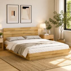 Solid Oak Bed Frame with Integrated Headboard 135x190 cm