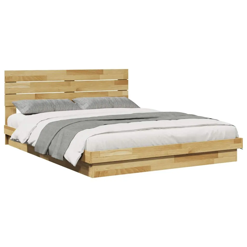 Bed Frame Low Profile Solid Wood Brown 135x190 cm with Headboard Slatted Base