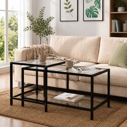 Tempered Glass Tea Tables Set of 2 with Steel Frames