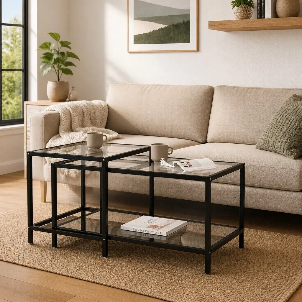 Tea Tables Nesting Set of 2 Tempered Glass Top Black Industrial Style