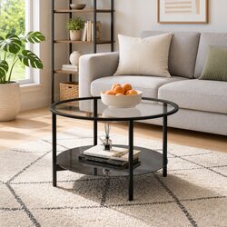 Black 70cm End Table with Tempered Glass and Iron Frame