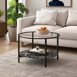 70cm Black Marble Glass Top Tea Table with 2-Tier Design