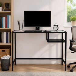 Black Glass Top Steel Frame Computer Desk for Office Use
