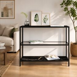 Black Marble Corner Shelf with Tempered Glass and Iron Frame