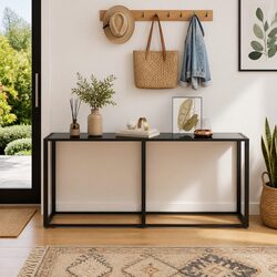 180cm Console Table with Glass Top and Steel Frame in Black