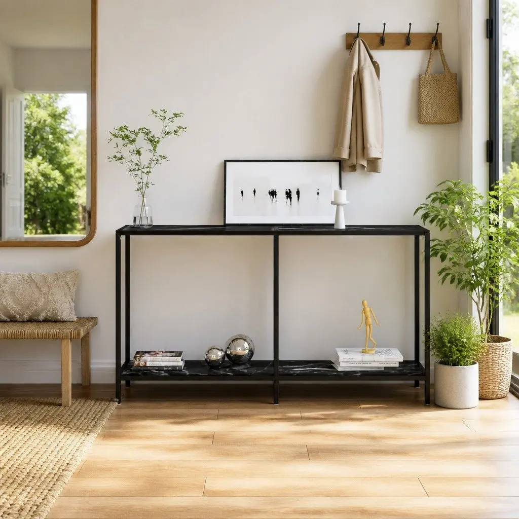 Console Table Black Tempered Glass Shelf Storage 140W x 35D x 75.5H cm