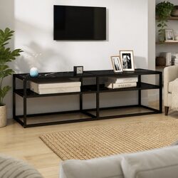 TV Cabinet Black Marble with Tempered Glass Shelves