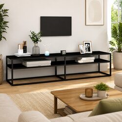 Black Glass TV Cabinet with Steel Frame and Shelves