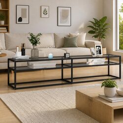 Tempered Glass TV Cabinet with Powder-Coated Steel Frame