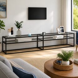 Tempered Glass TV Stand with Steel Frame and Open Shelf