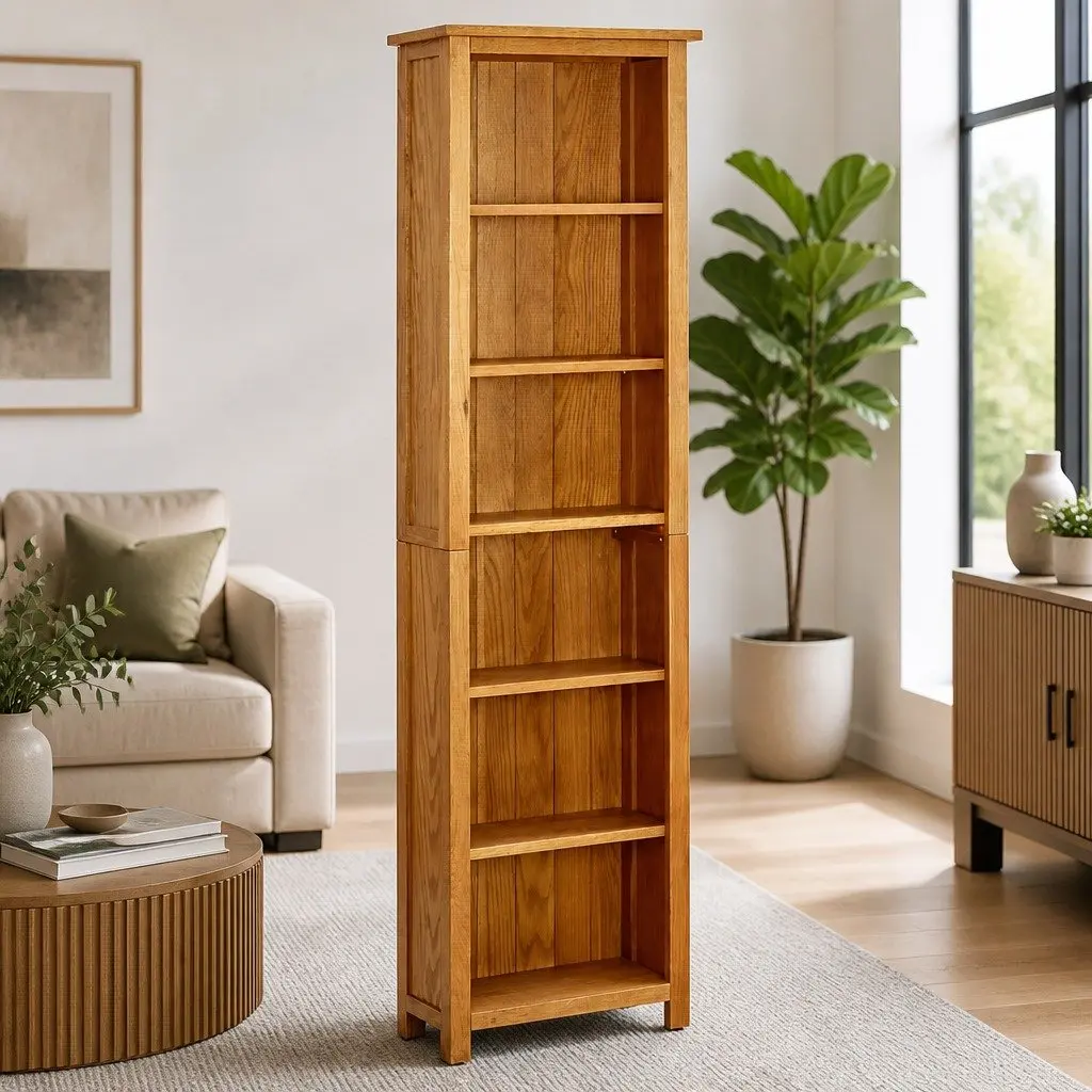6-Tier Bookcase Solid Oak Wood Durable 52x22x180cm Brown Shelving Display Unit