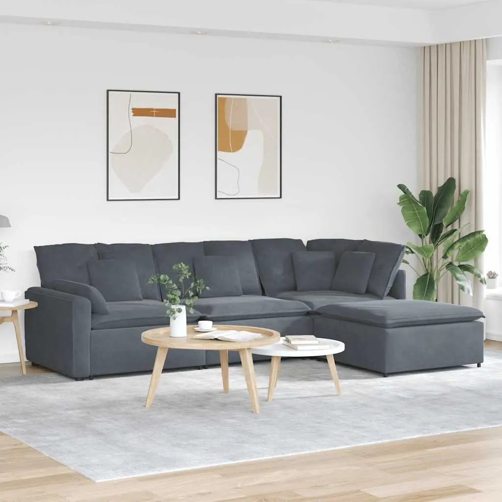 Modular Sectional Sofa with Footstool Four Sections Grey Velvet