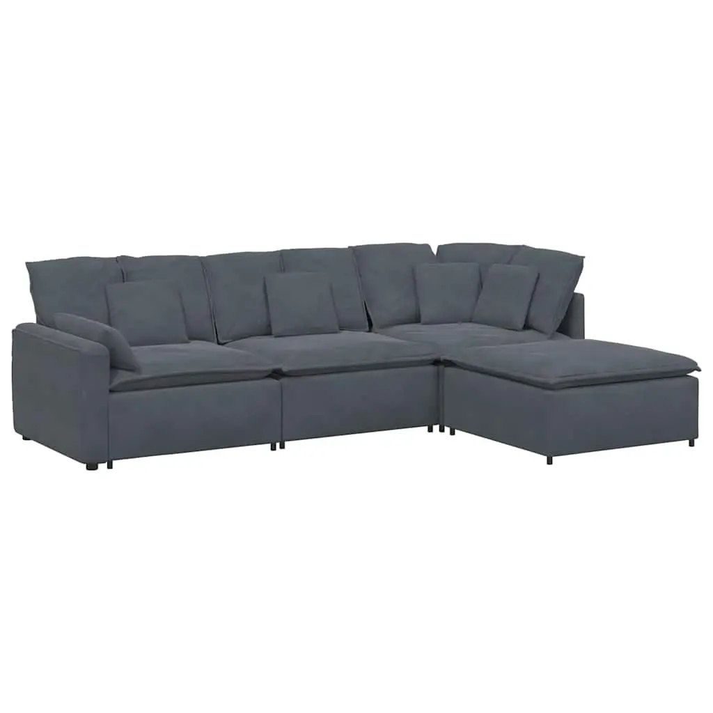 Modular Sectional Sofa with Footstool Four Sections Grey Velvet