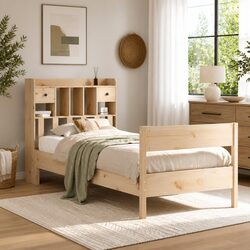 Bookcase Bed Frame in Solid Pine Wood 90x190cm Brown