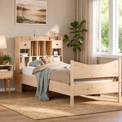 90x190 cm Bed Frame with Slatted Base and Storage Features