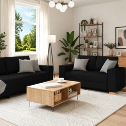 3 Piece Black Sofa Set with Linen-Blend Upholstery