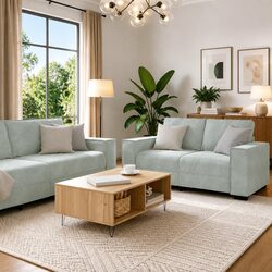 3 Piece Sofa Set with Grey Linen-Blend Upholstery