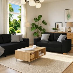 3-Piece Sofa Set Black Sectional with Linen-Blend Fabric