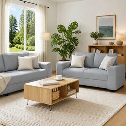 Three-Piece Sofa Set in Grey Fabric with Armrests