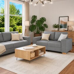 2 Piece Grey Fabric Sofa Set with Cushions