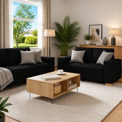 Durable 2 Piece Sofa Set with Cushions in Black Fabric
