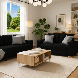 2 Piece Sofa Set with Cushions in Black Fabric