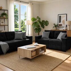 2-Piece Sofa Set in Black Velvet with Sturdy Construction