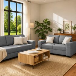 Durable 2 Piece Sofa Set in Light Grey Fabric