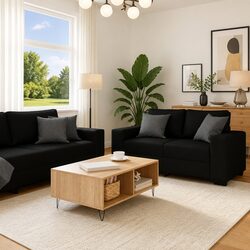 Black Fabric 2 Piece Sofa Set with Armrests and Cushions
