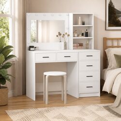White Vanity Unit with LED Strip Lights and Storage
