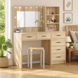 Brown Dressing Table with Storage and LED Lighting