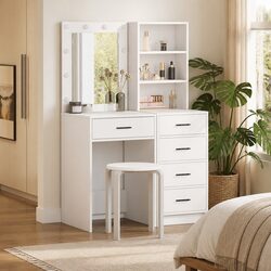 Functional Dressing Table Set with LED Lights in White