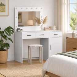 White Bedroom Vanity Table with Integrated LED Lighting