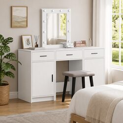 White Dressing Table with LED Mirror and Storage Features