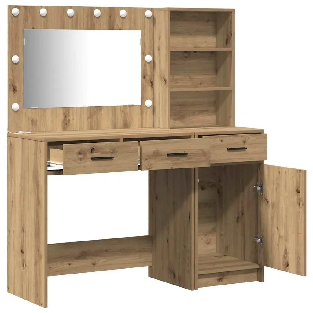 Dressing Table with LED Mirror Lights Storage Drawers Compact Brown 2 Piece